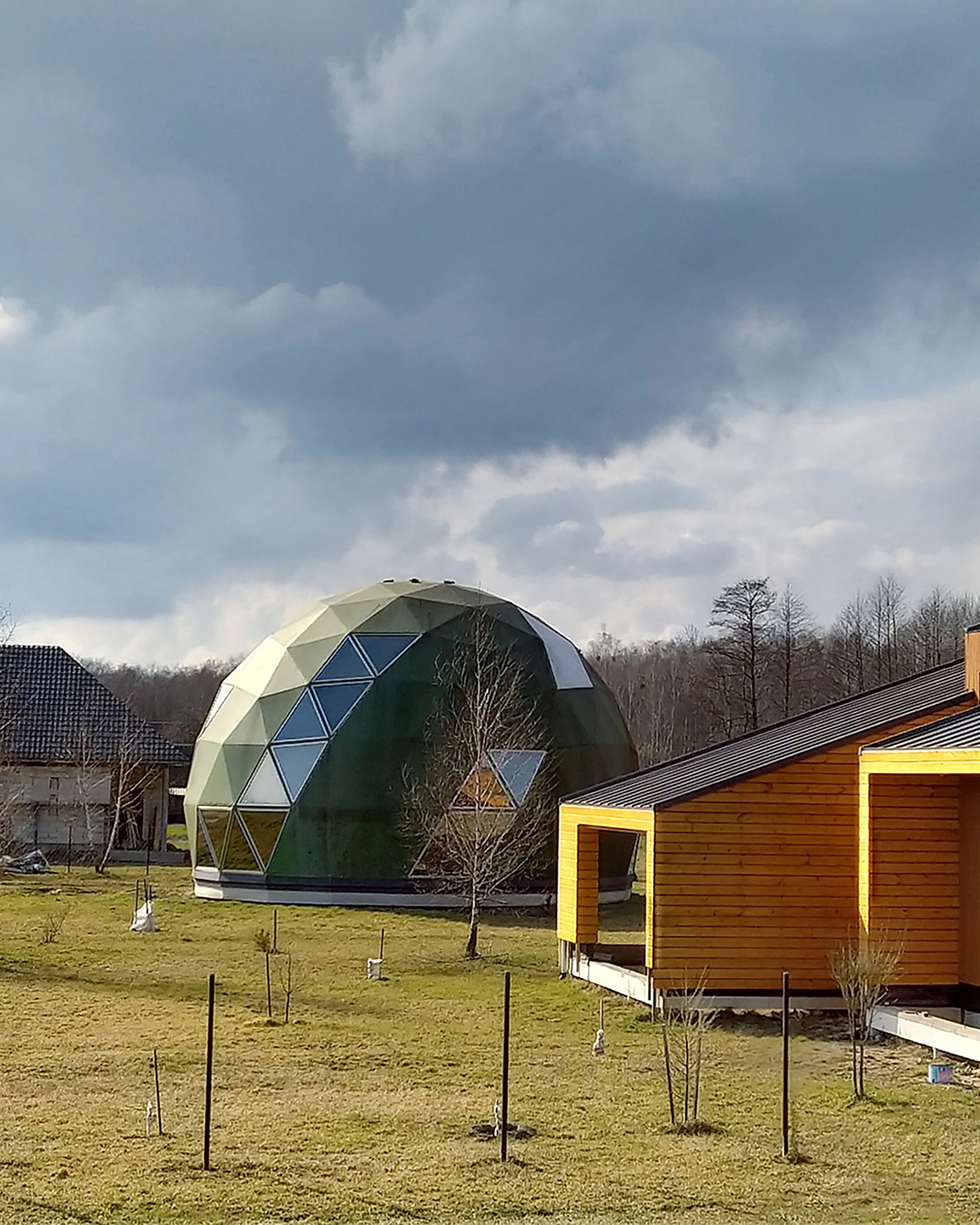 Sketch of a geodesic dome house in a meadow.